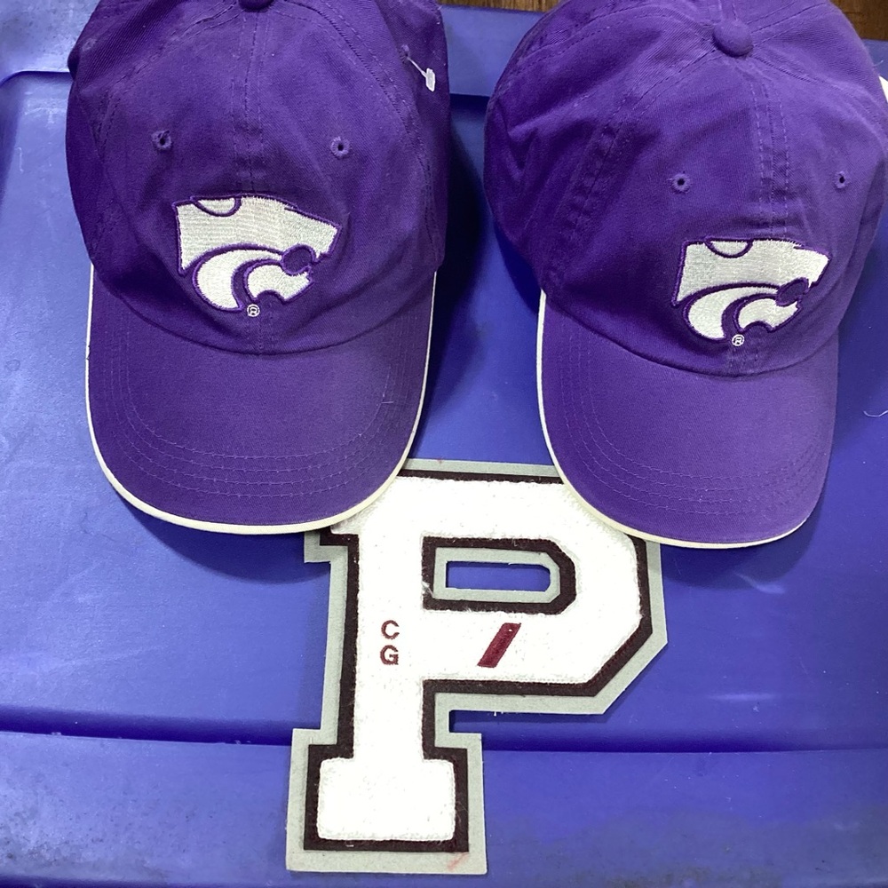 Lot of older Plano Texas gear - 2 baseball caps and one unused P letter patch